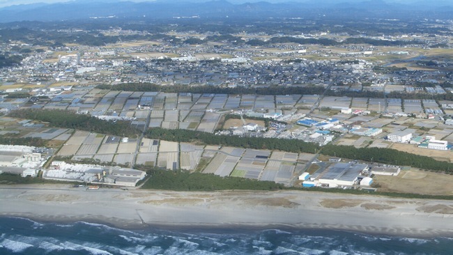 掛川市浜川新田周辺を空から撮影した写真。手前に海岸、中央に住宅、後方に山が見える。