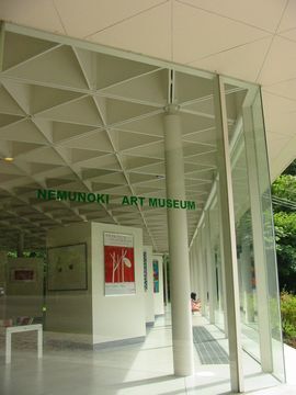 「緑の中」の外壁が透き通っているので開放感がある美術館の写真