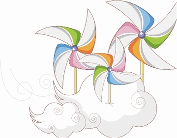 羽根が4枚あるかざぐるまが雲の上に乗り風を受けて回っているイラスト