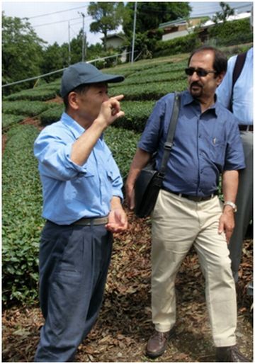 茶草場農法実践地で生産者から話を聞くパルヴィス氏