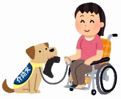 介助犬と車椅子の乗った女性のイラスト