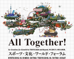 All Together!と書かれたスポーツ・文化・ワールド・フォーラムのポスターの写真。京都では2016年10月19日(水曜日)から20日(木曜日)、東京では2016年10月20日(木曜日)から22日(土曜日)まで開催。