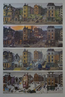 8枚の折りたたみ絵構成からなる絵本「変わりゆく町」の1953年から1963年の風景画4枚の画像