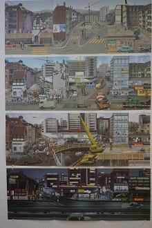 8枚の折りたたみ絵構成からなる絵本「変わりゆく町」1966年から1976年の風景画4枚の画像