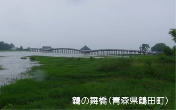 青森県鶴田町の鶴の舞橋の写真。三連に連なった太鼓橋のアーチが美しい。