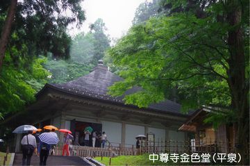 岩手県平泉の中尊寺金色堂の写真。雨の中傘をさした多くの観光客が見られる。