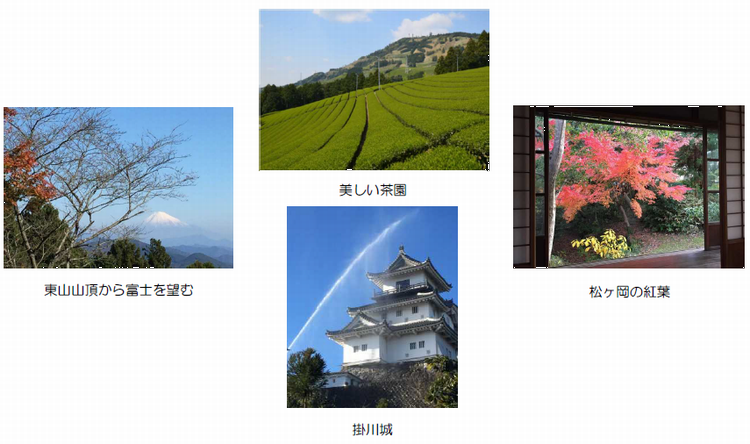 左から、東山山頂から富士を望む写真、中央上部は美しい茶園の写真、中央下部は掛川城の写真、右は松ヶ岡の紅葉の写真