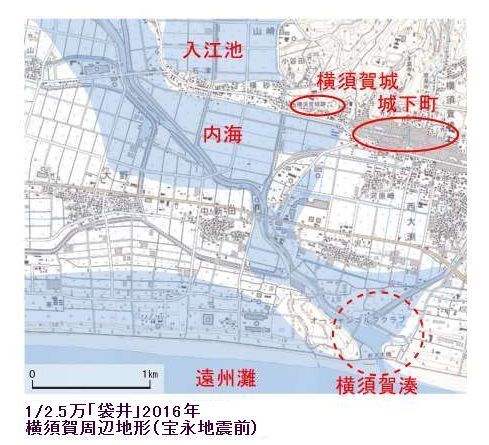 2016年の2.5万分の1「袋井」縮小地図、横須賀周辺地形（宝永地震前）