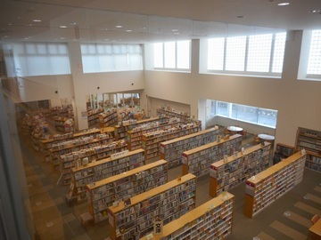 図書館の一室を上の階から撮った写真。大きな窓から光が入り明るく、本棚がきれいに整列している。