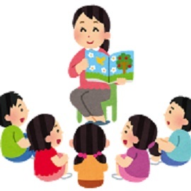 女性が前に座り、子供たちに絵本の読み聞かせをしているイラスト。