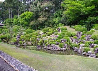 池に小高い丘があり、緑の丸く整えられた木々が石と共に並ぶ龍潭寺小堀遠州作庭園