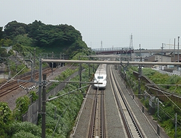 新幹線が手前に向かって走ってくる画像