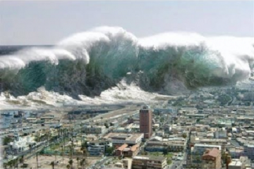 街を巨大な津波が襲い掛かる画像