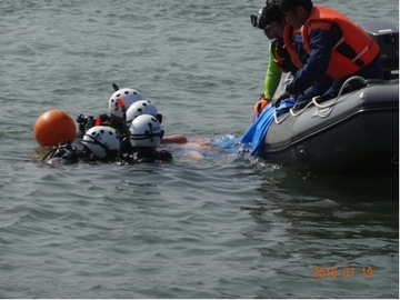 消防署水難救助隊による救助訓練で要救助者を救助ボートへ引き揚げている様子