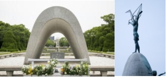 広島の平和記念式典の行われる場所の折鶴を掲げた像のモニュメントの画像