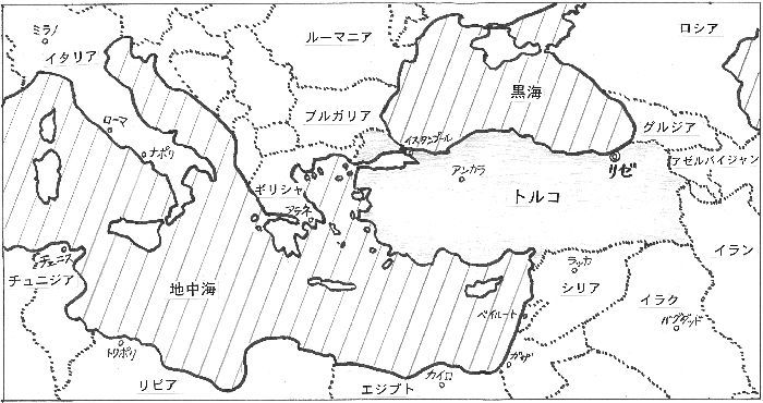 トルコの黒海地方に沿って延びる山脈の北側に位置するリゼ県の位置を記した地図