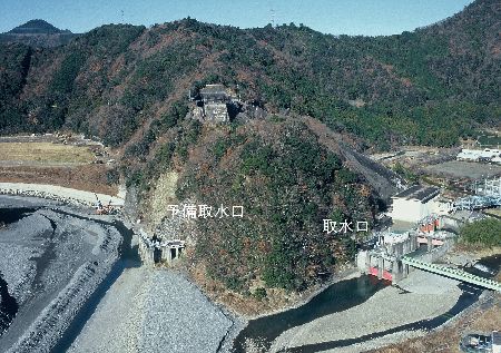 大井川広域水道企業団施設の取水口の場所と予備取水口を記した写真