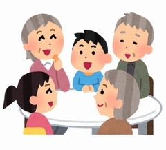 祖父祖母と家族みんなで円卓を囲んで会話をしている様子のイラスト