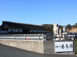 掛川花鳥園外観とフクロウの像