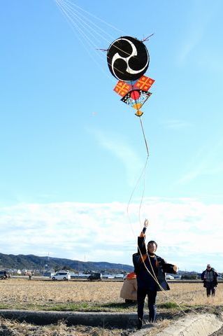 凧愛好家が遠州横須賀凧「ともえ」を揚げている様子