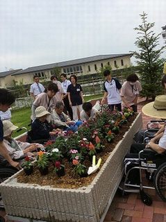 花壇に植えられた美しい草花を眺める施設の利用者と指導員ら