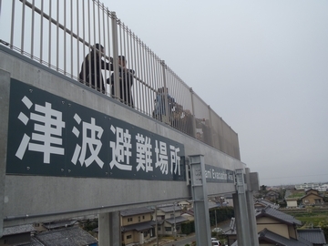 津波避難タワーの柵の前にいる人たちの画像