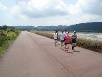 河川敷のコースを走るランナー達の画像