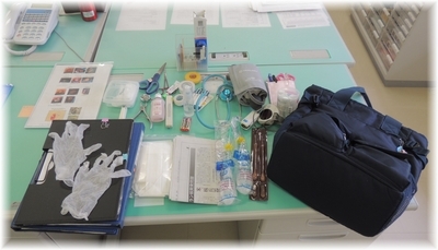 ビニール手袋やはさみや血圧計など訪問カバンの中身の写真