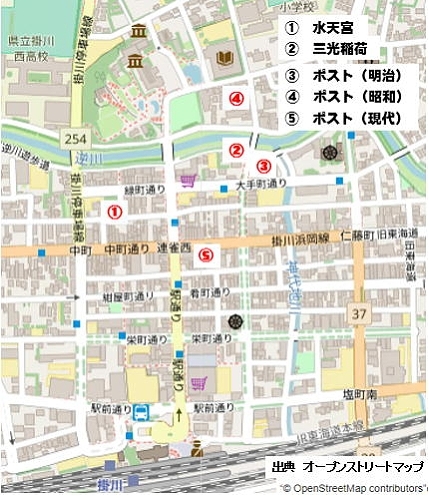 1.水天宮、2.三光稲荷、3.ポスト(明治)、4.ポスト(昭和)、5.ポスト(平成)の位置図