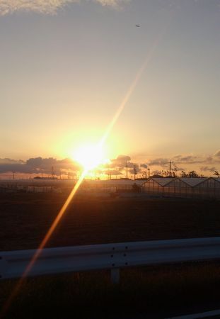 朝日に染まる空と朝日の光がさす様子。