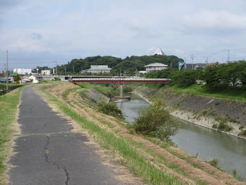 まっすぐ伸びる川の堤防。先には川に掛かる橋と森が見える。