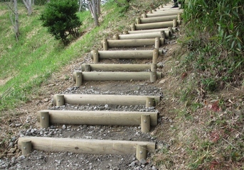 丸太を使い、階段状に綺麗に整備された登山道の写真