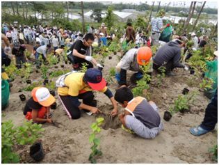 参加者全員で植樹を始めたようす
