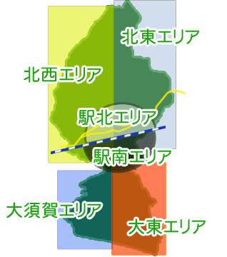 市内を「北東エリア、北西エリア、駅北エリア、駅南エリア、大東エリア、大須賀エリア」の6つのエリアに分けた図