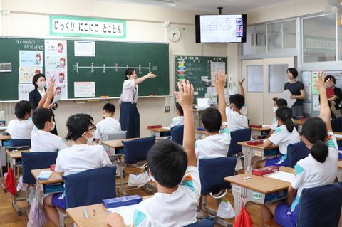 教室で生徒が手を上げて、教壇で先生が当てている