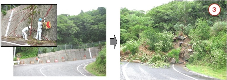 道路のブロック積に亀裂が確認され通行止めをしている作業員と道路の写真。その後、山崩れでふさがっている道路の写真丸3