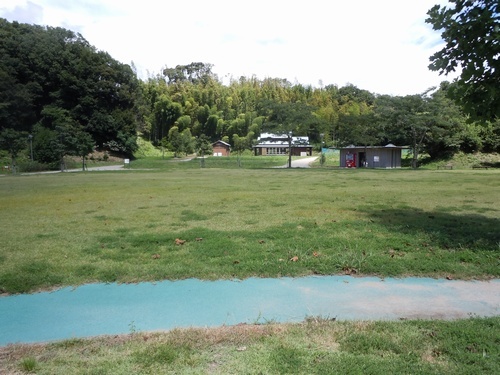22世紀の丘公園の実りの里の、青々とした芝生広場の風景画像、