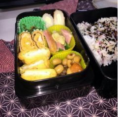 2段のお弁当箱。1段はご飯、もう一段にはズッキーニや煮豆、卵焼きなどいろいろなおかずが入っている。