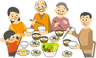 女の子、両親、祖父祖母が食卓を囲んで食事をしているイラスト
