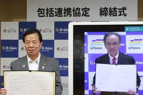 オンラインで協定書、調印した松井市長とモニターに映っている橋本社長