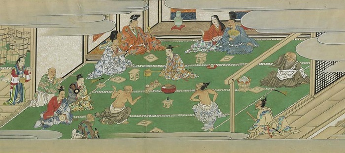 和室で、着物の男女や坊主が和楽器を奏でたりしながら楽しんでいる酒飯論絵巻の掛け軸