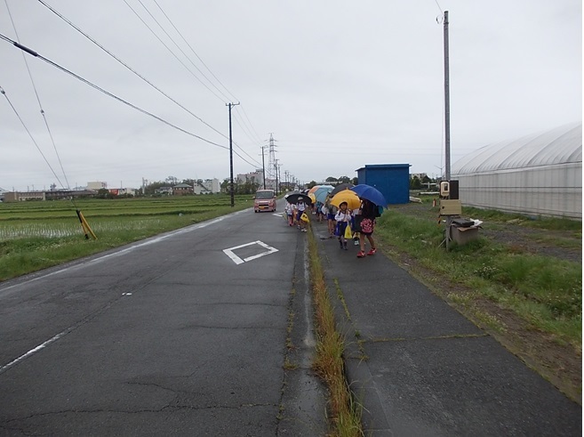 市道「新川西線（東大坂地内）」施工前の道路、車道と歩道の境に草が生えている。歩道には傘を差した小学生が集団で歩いている