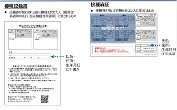 「新型コロナワクチン接種記録書」、「新型コロナウイルスワクチン予防接種済証」