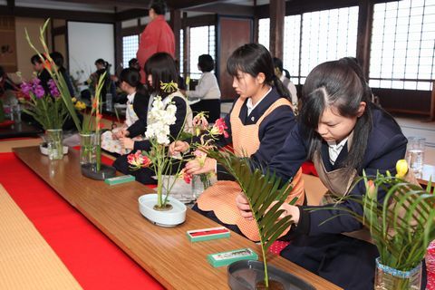 真剣に華を生ける女子高生の写真