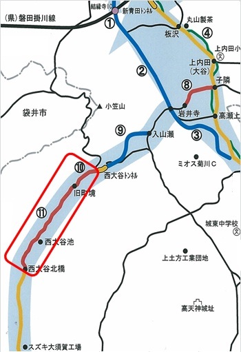 県道大須賀掛川停車場線の西大谷北橋付近から西大谷トンネルの西側250メートルまでの区間の位置図