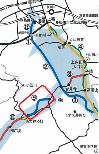 整備された「市道入山瀬線（袋井小笠線バイパス）」の位置を示す図