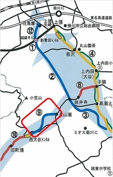 整備された「市道入山瀬線（袋井小笠線バイパス）」の位置を示す図