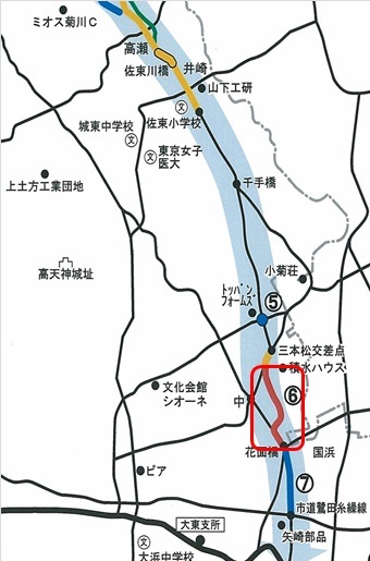 相良大須賀線バイパス新設の区間、花面橋北側から主要地方道相良大須賀線の積水ハウス北側付近の位置図