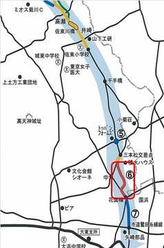 相良大須賀線バイパス新設の区間、花面橋北側から主要地方道相良大須賀線の積水ハウス北側付近の位置図