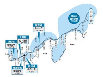 1590年、小田原攻めの論功行賞で関東8州に転封された家康と、東海道沿いに配置された豊臣方の大名の図。